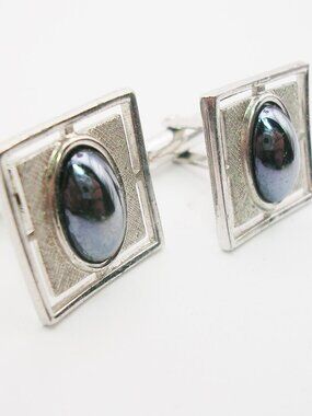 Vintage Cufflinks Hematite Stone classic silver tone Men's Formal Suit Accessory